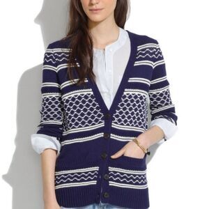 Madewell Stitchway Cardigan Fair Isle Stripe Sweater size Small Blue White